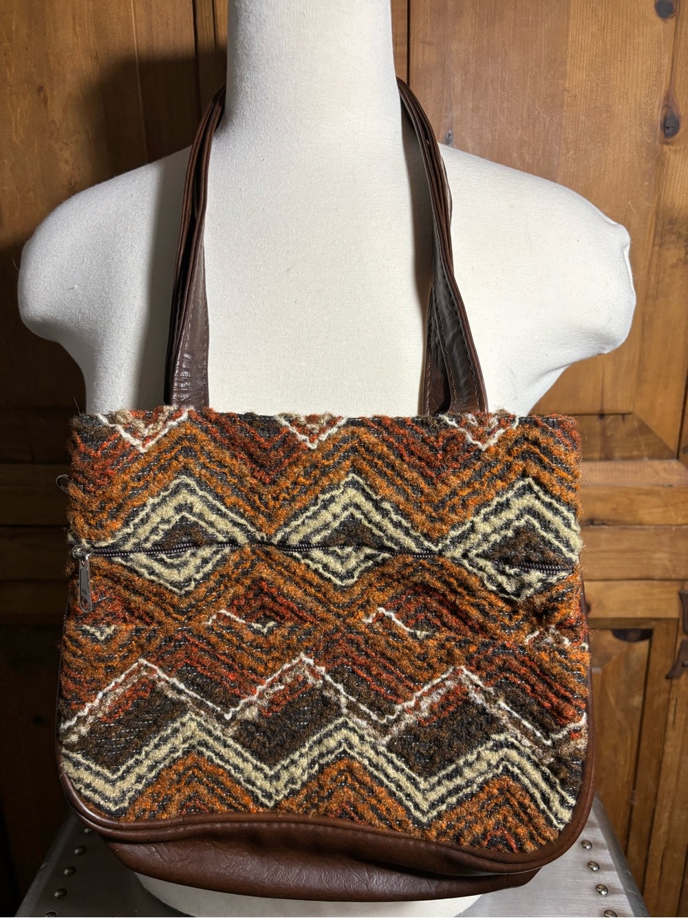 Woven Chevron Tote Bag in Brown & Cream